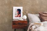 White,Frame,Mockup,On,Retro,Wooden,Bedside,Table.,Modern,White