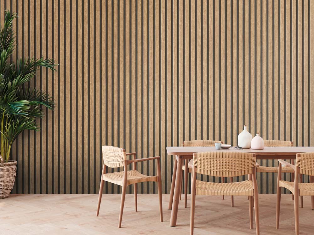 Dining room wall mock up with Areca palm, rattan dining set, woo