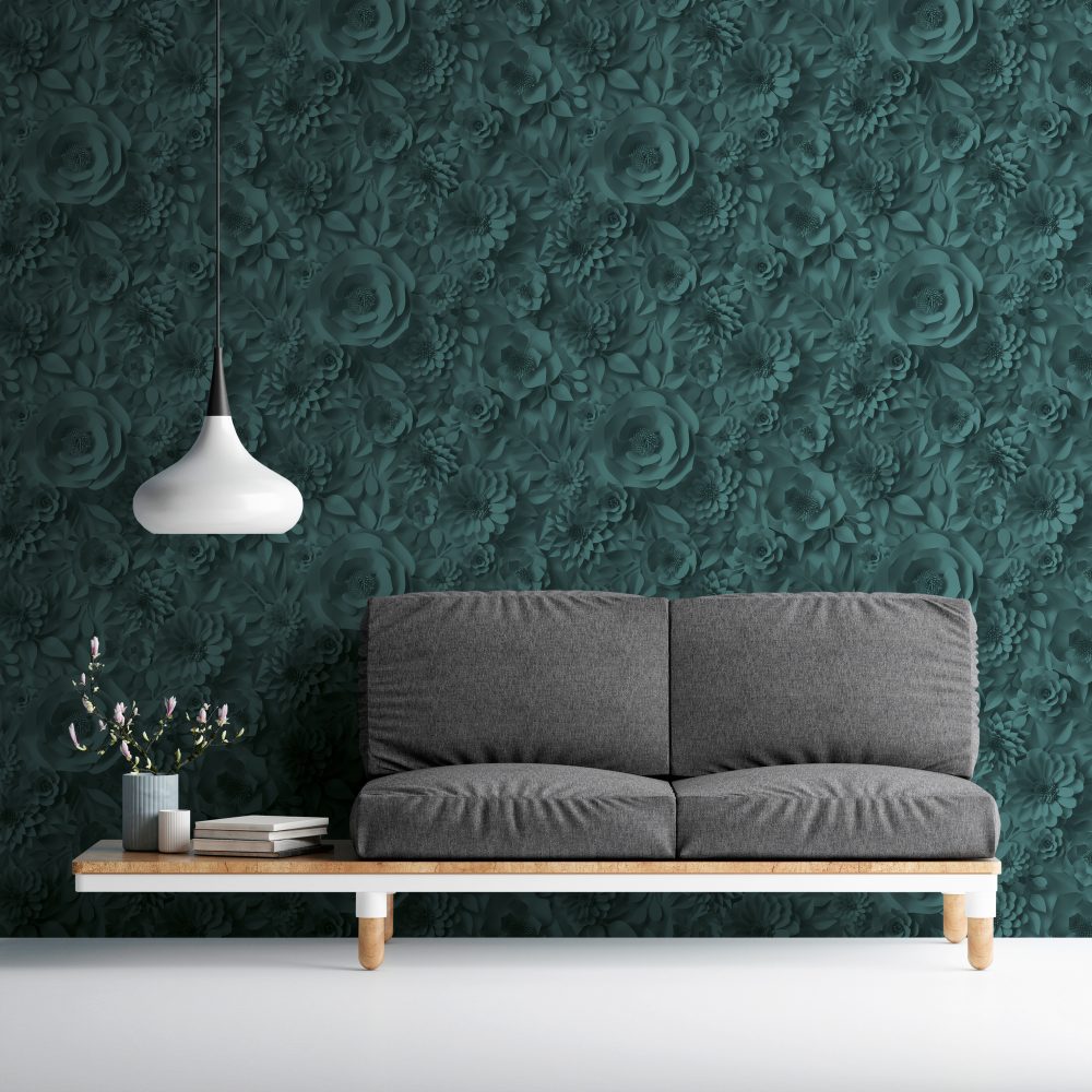 Sofa with two mock up posters on blue wall, 3d illustration