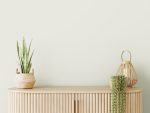 Interior,Mockup,With,Empty,Green,Wall,,Wooden,Slat,Curved,Sideboars,
