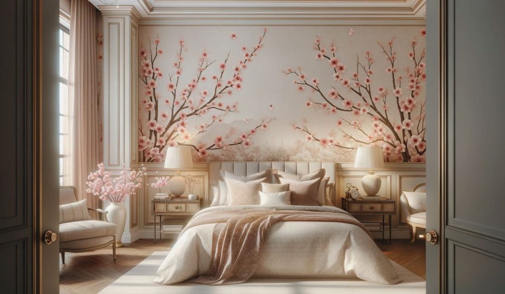 Blick ins Schlafzimmer mit romantischer Tapete
